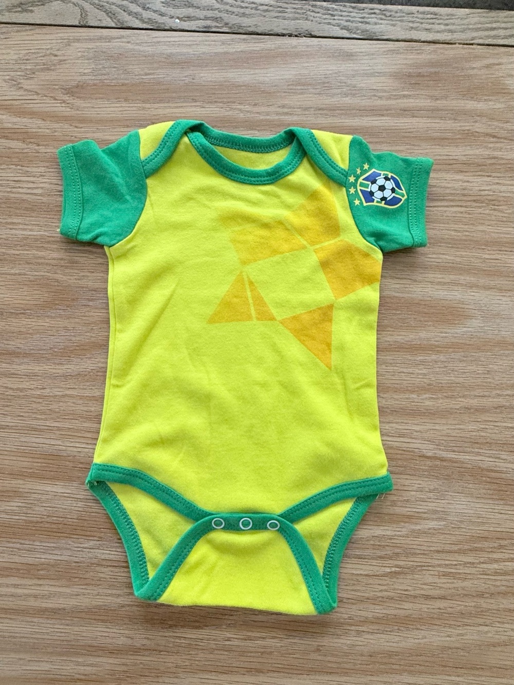 Brasil Bright Yellow & Green Baby Onesie with Soccer Patch 0-3m
